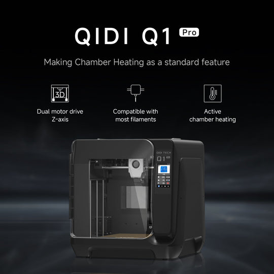 QIDI Q1 Pro 3D printer with active chamber heating and dual motor drive.