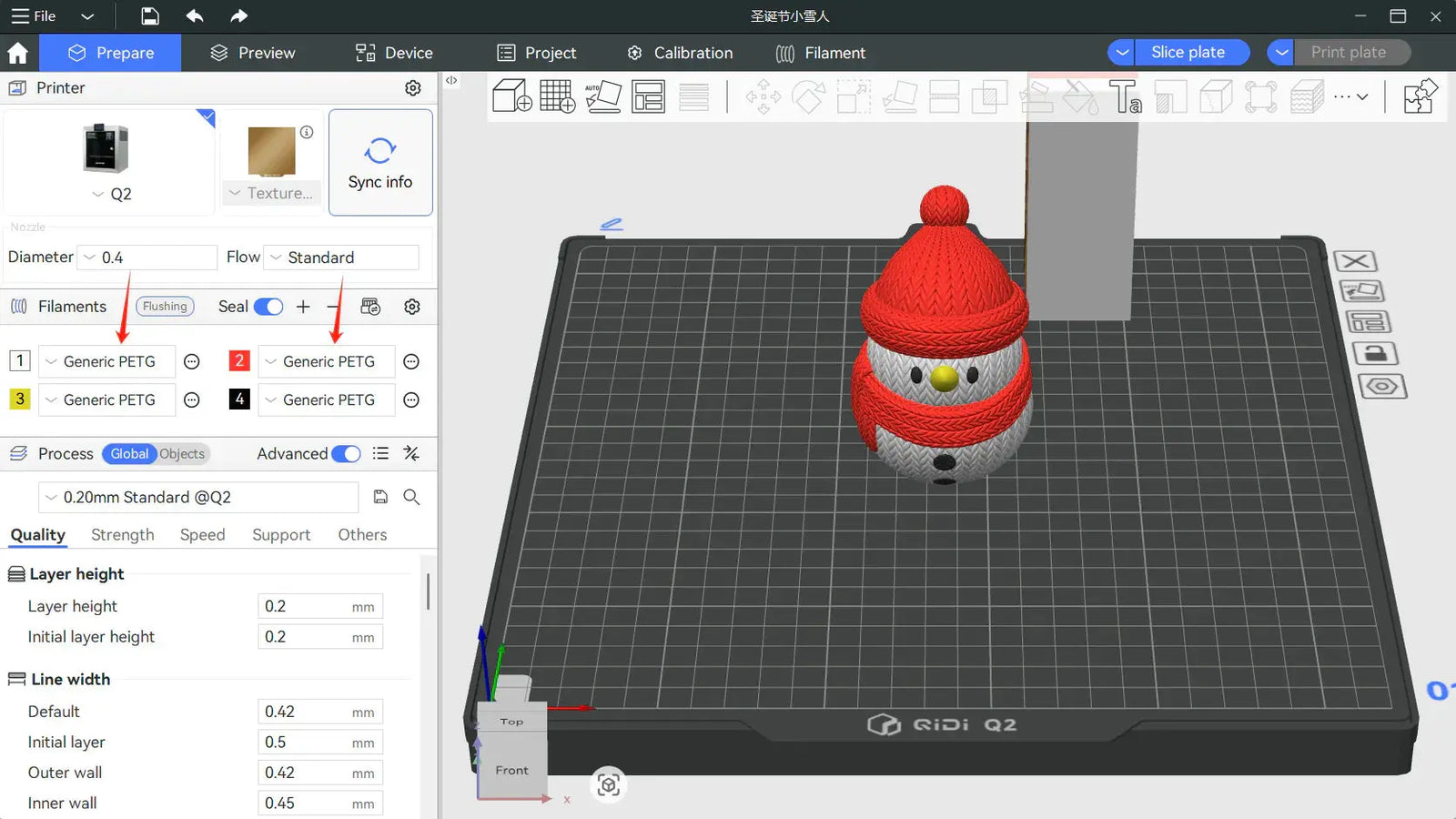 A 3D slicing software interface with a snowman model on the build plate and filament settings showing "Generic PETG"