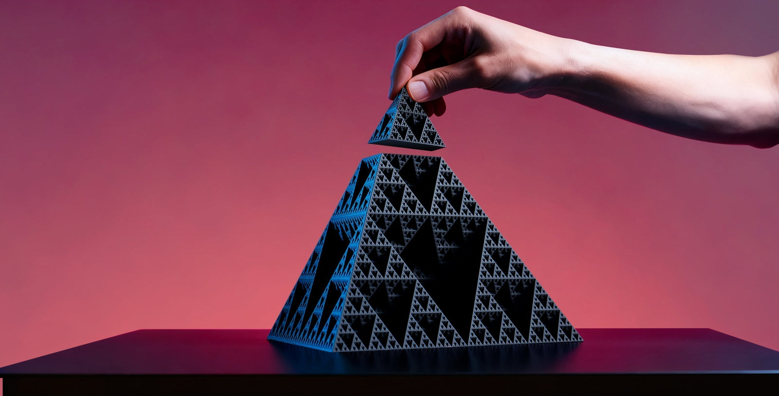 A close-up of a hand placing the final piece on a 3D-printed black Sierpinski pyramid against a smooth red background