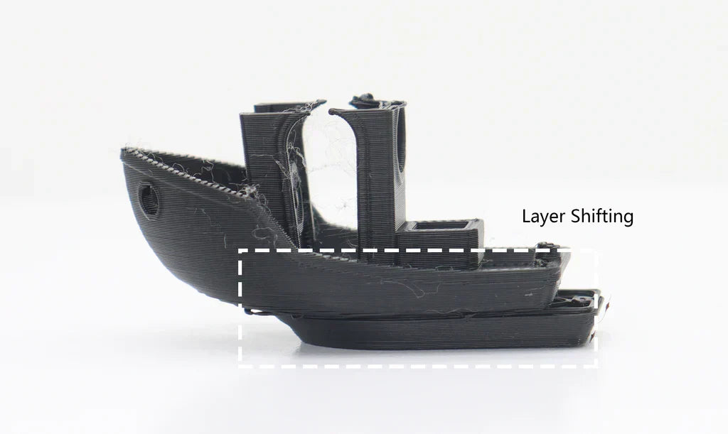 3D printed boat model with visible layer shifting defect, highlighted by a dashed rectangle.