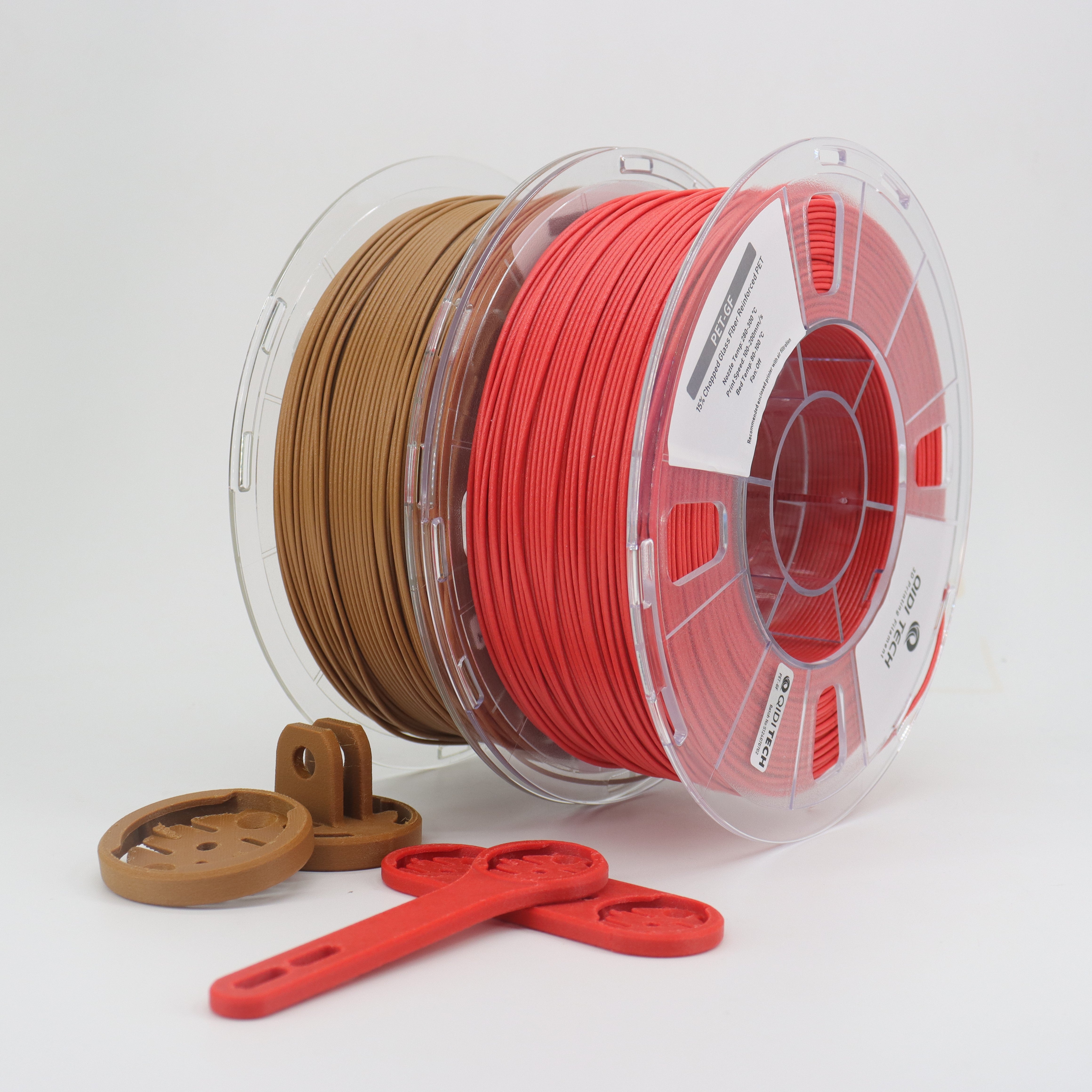 QIDI PET-GF Filament spools and printed parts