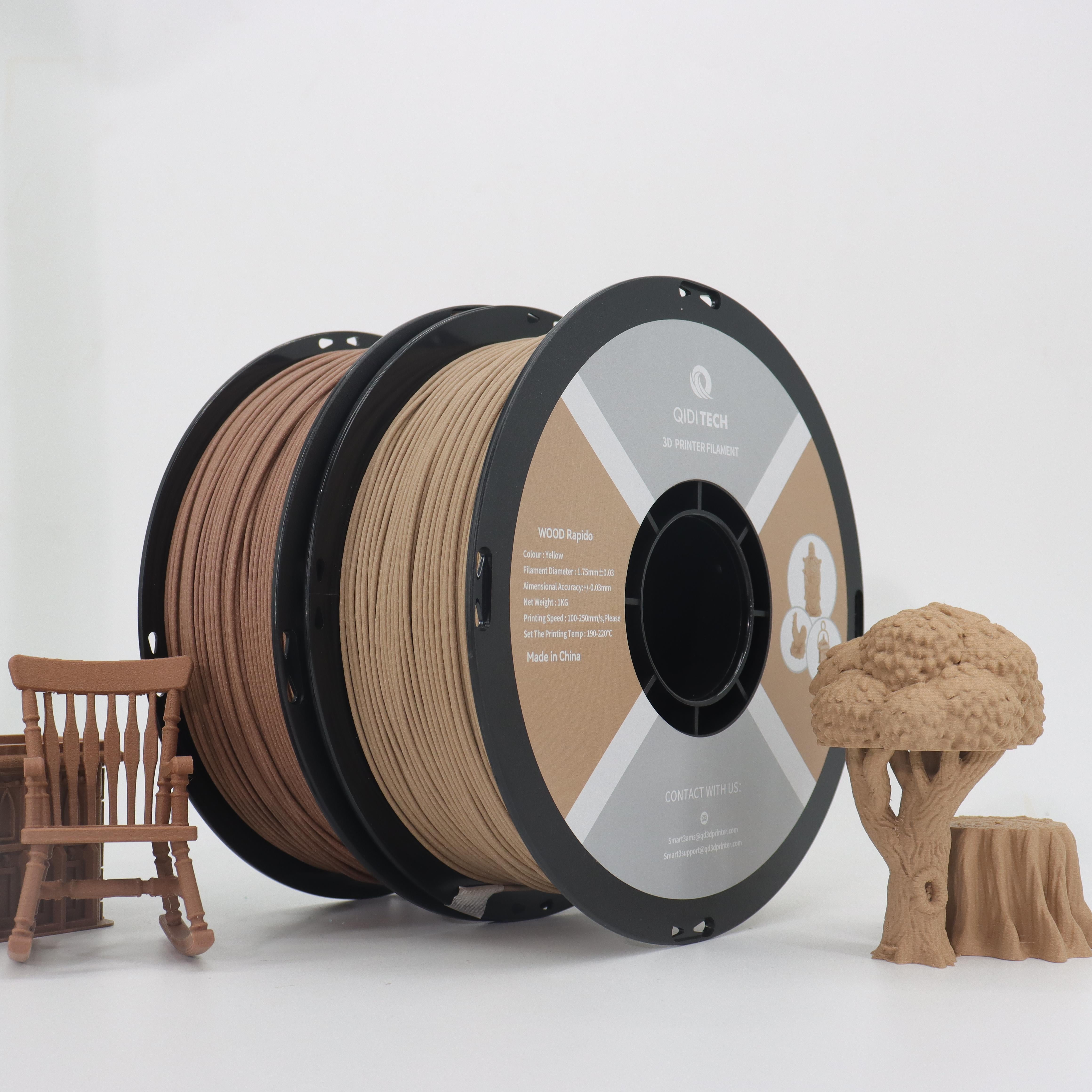 QIDI 3D PLA Wood filament spools and sample prints